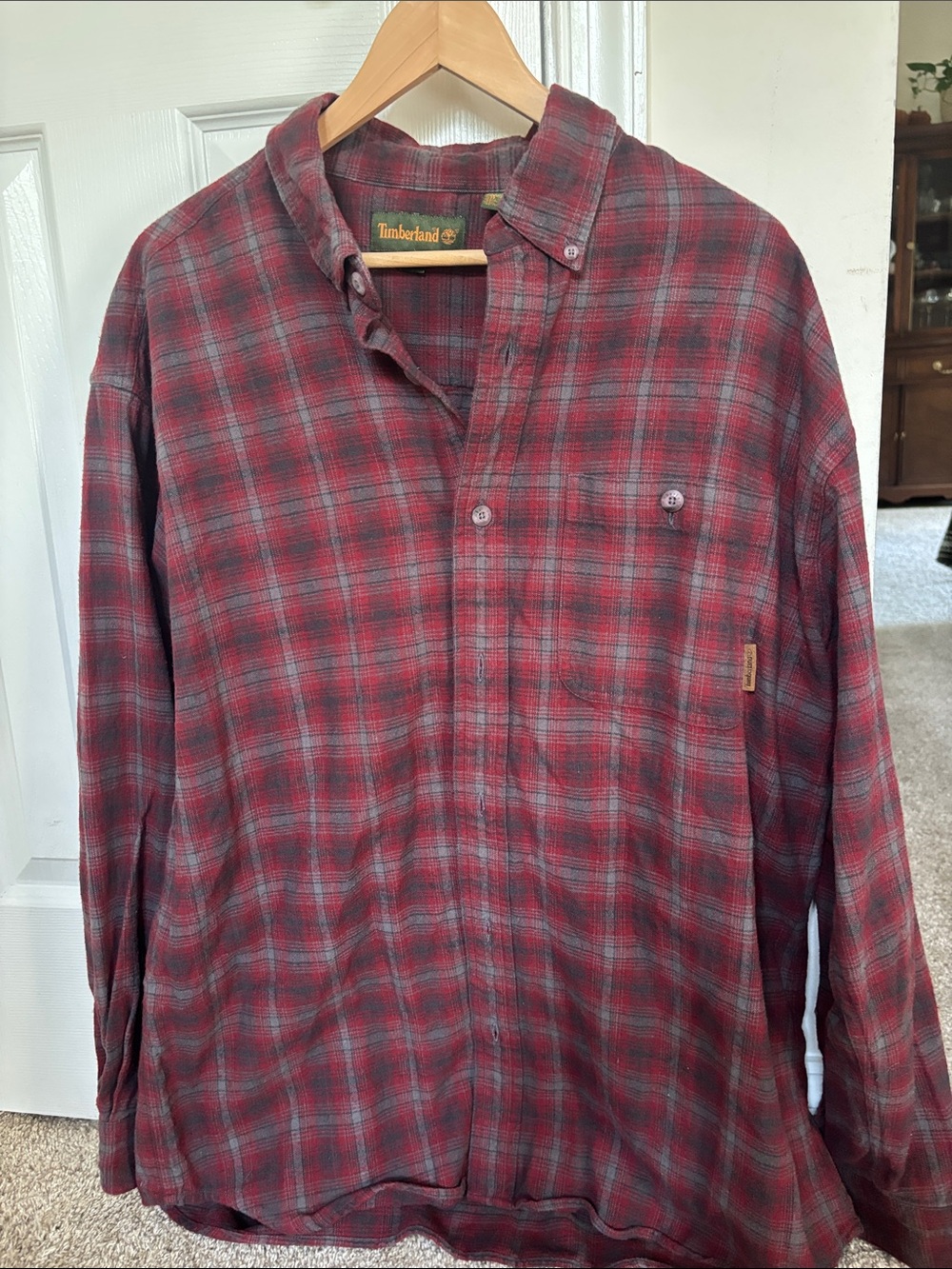 Timberland Men’s Red & Gray Plaid Button-Down Shirt – Size Large
